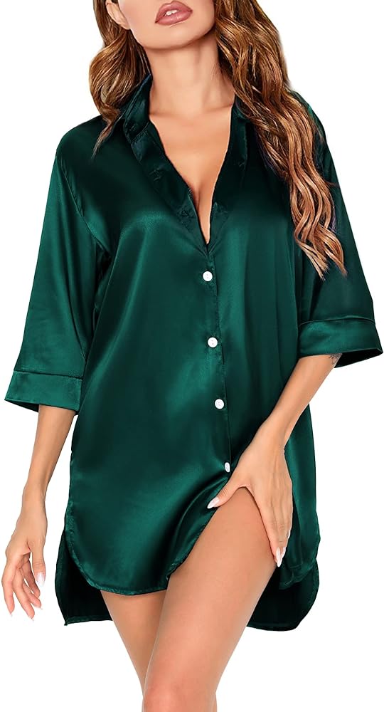 SWOMOG Women's Nightgown Satin Button Down Sleepshirt 3/4 Sleeve Nightshirt Silk Boyfriend Sleepwear