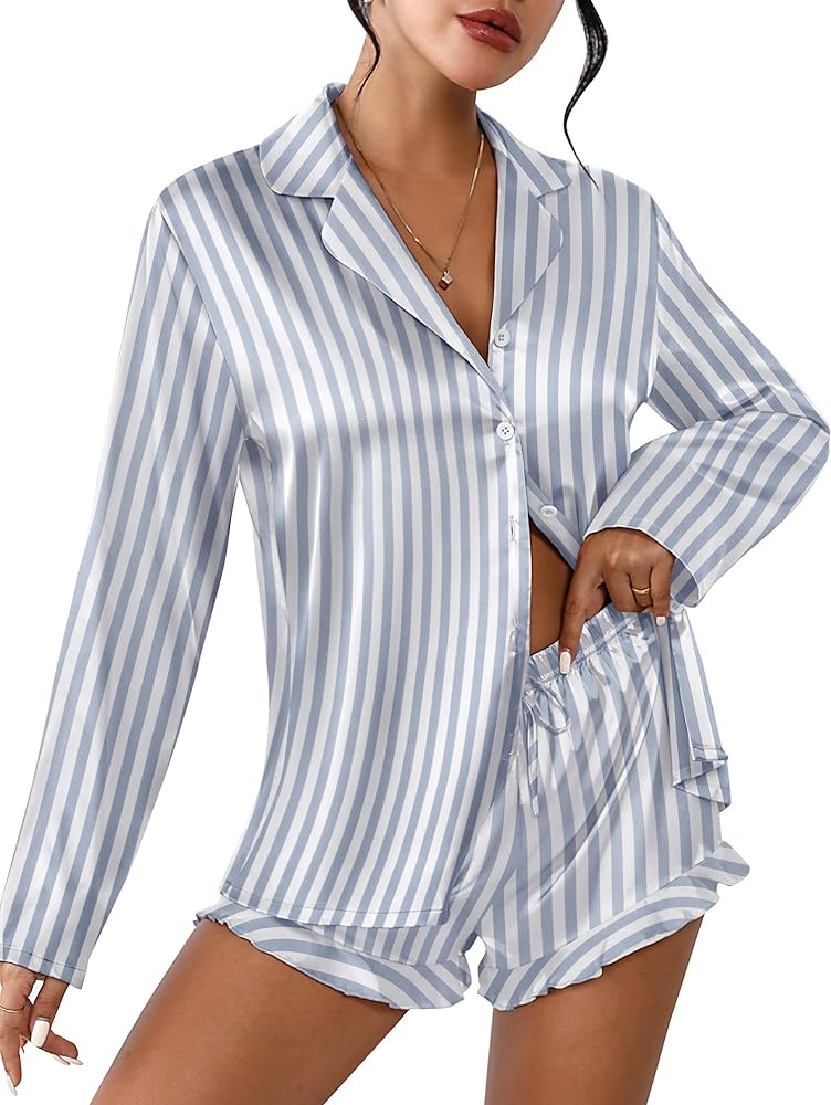 Ekouaer Womens Satin Pajama Sets Long Sleeve Top and Shorts Lounge Set Button Down Sleepwear