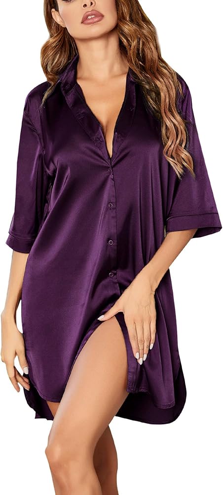 Ekouaer Women's Satin Nightshirt Button Down Sleepshirt Silk 3/4 Sleeve Nightgown Boyfriend Notch Collar Sleepwear S-3XL