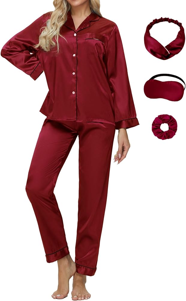 Women's Classic Silk Satin Pajamas Loungewear Two-piece Sets Button Sleepwear Loungewear with Blindfold