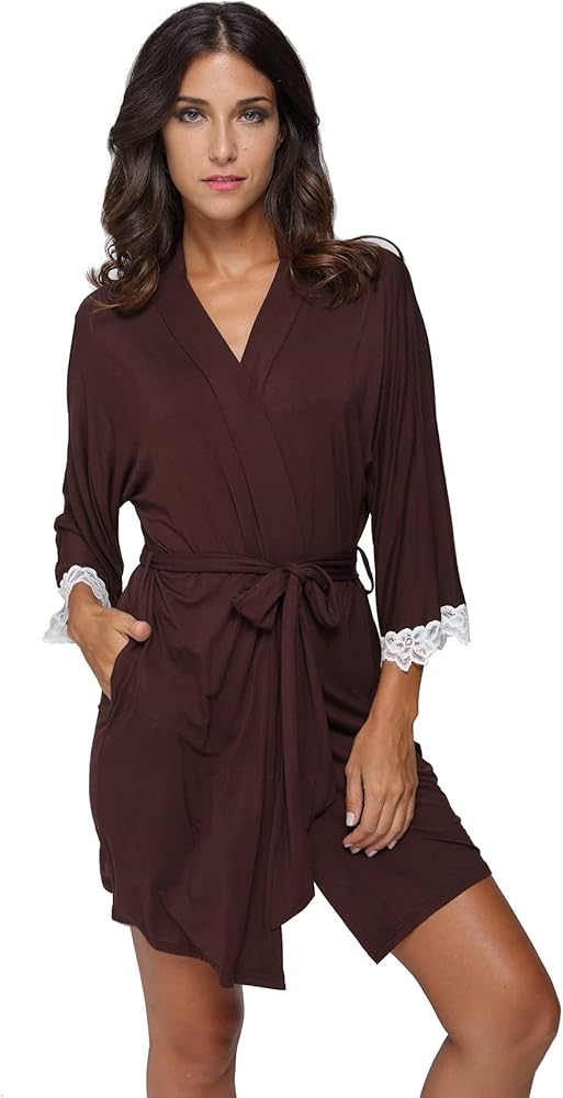 Women's Kimono Robe Soft Short Modal Cotton Bathrobe for Bride and Bridesmaid with Lace Trim