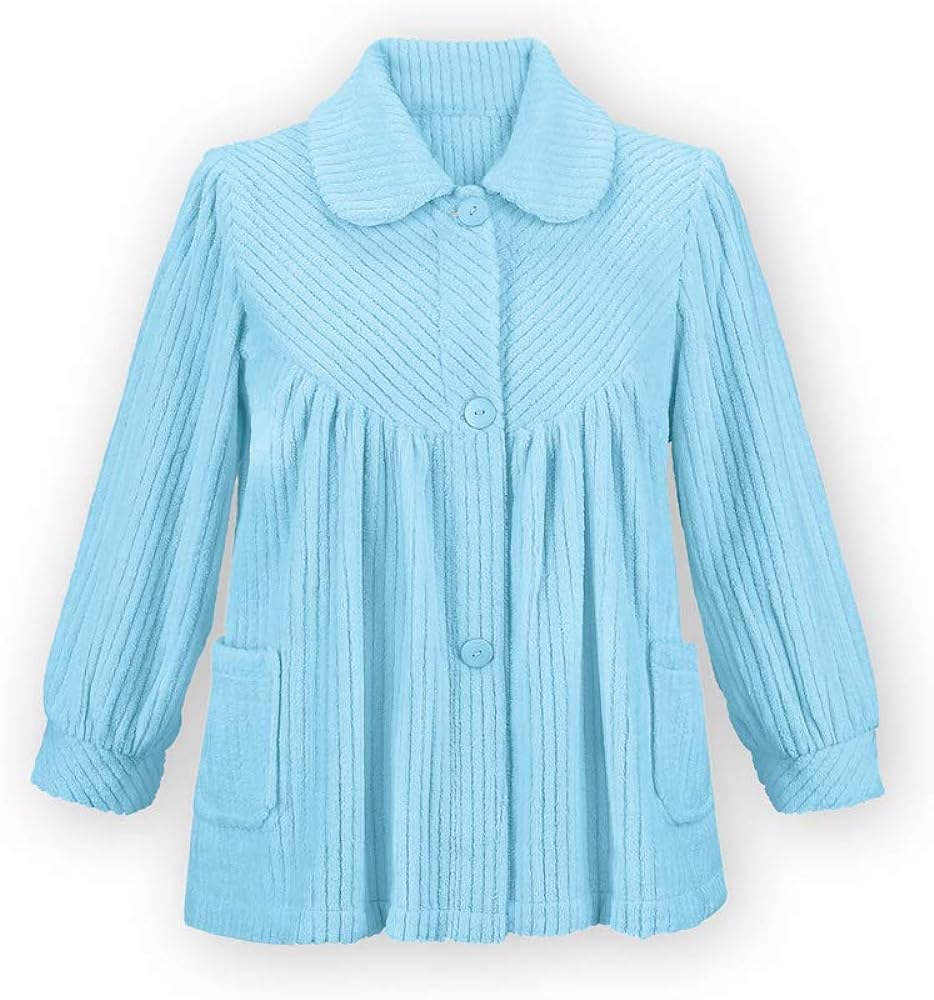 Collections Etc Soft Fleece Button Down Bed Jacket with Pockets - Comfy Flattering Fit Over Pajamas or Nightgown