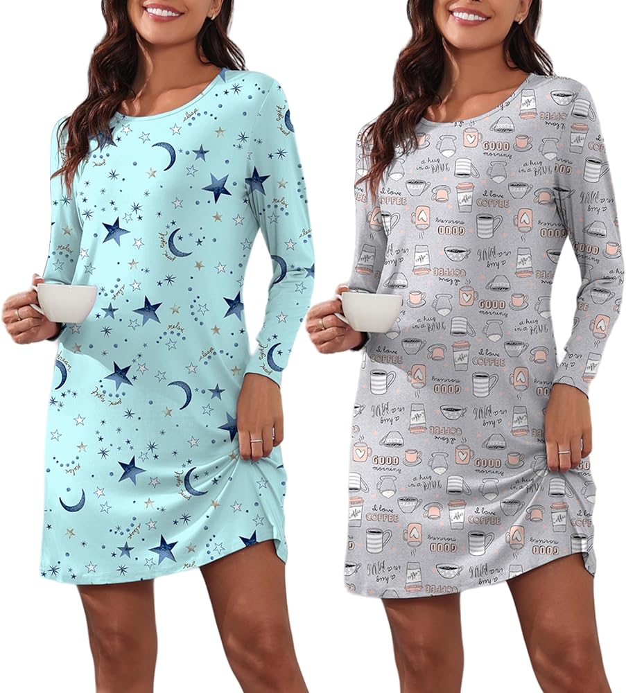 Ekouaer 2 Pack Nightgowns for Women Long Sleeve Night Gowns Tshirt Sleep Shirts Night Shirts Night Dress S-3XL