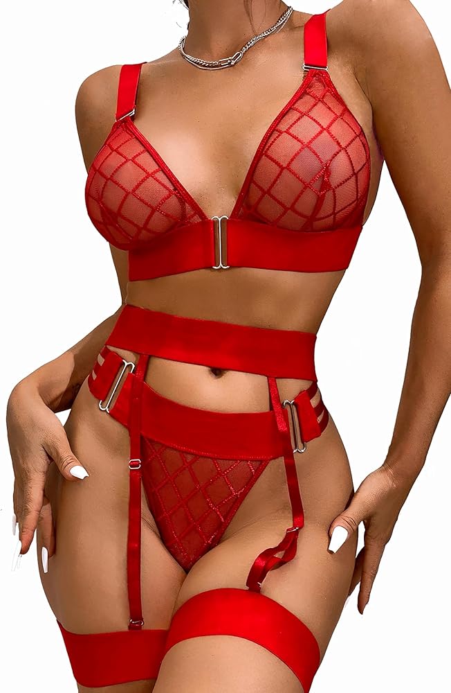 Women's Lingerie Sets with Garter Belt Strappy 4 Piece Bra and Panty Sets with Thigh Cuffs Sexy Outfit for Women