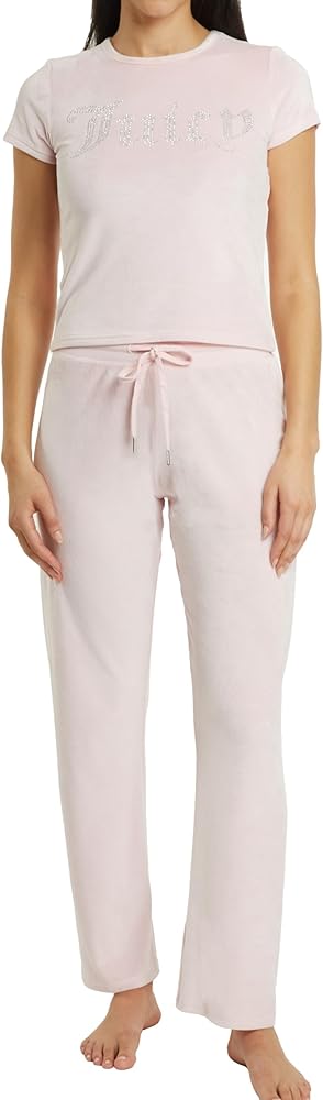 Juicy Couture Women's 2 Piece Velvet Fleece Short Sleeve Shirt and Pants Lounge Sleepwear Set