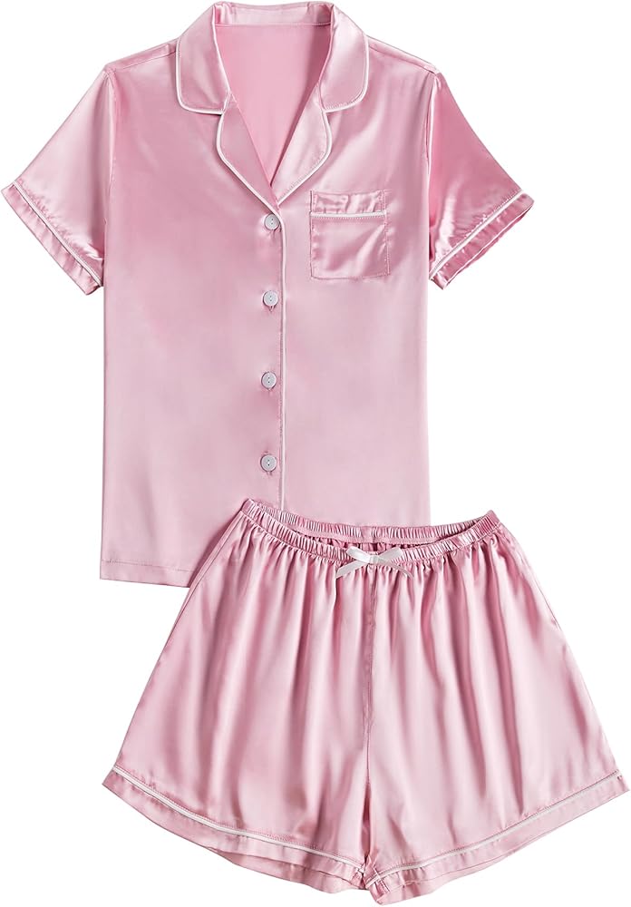 LYANER Women's Satin Pajamas Sets Short Sleeve Button Shirt Silky Sleepwear With Shorts PJs