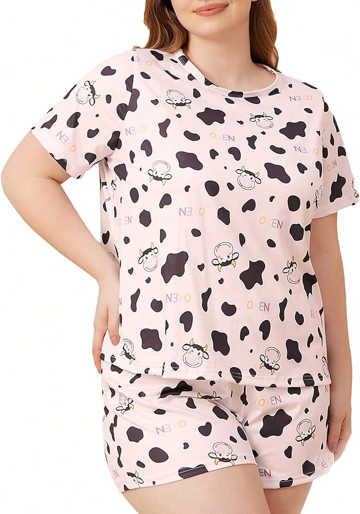 WDIRARA Women's Plus Size 2 Piece Sleepwear Cow Print Short Sleeve Top and Pants Pj Set