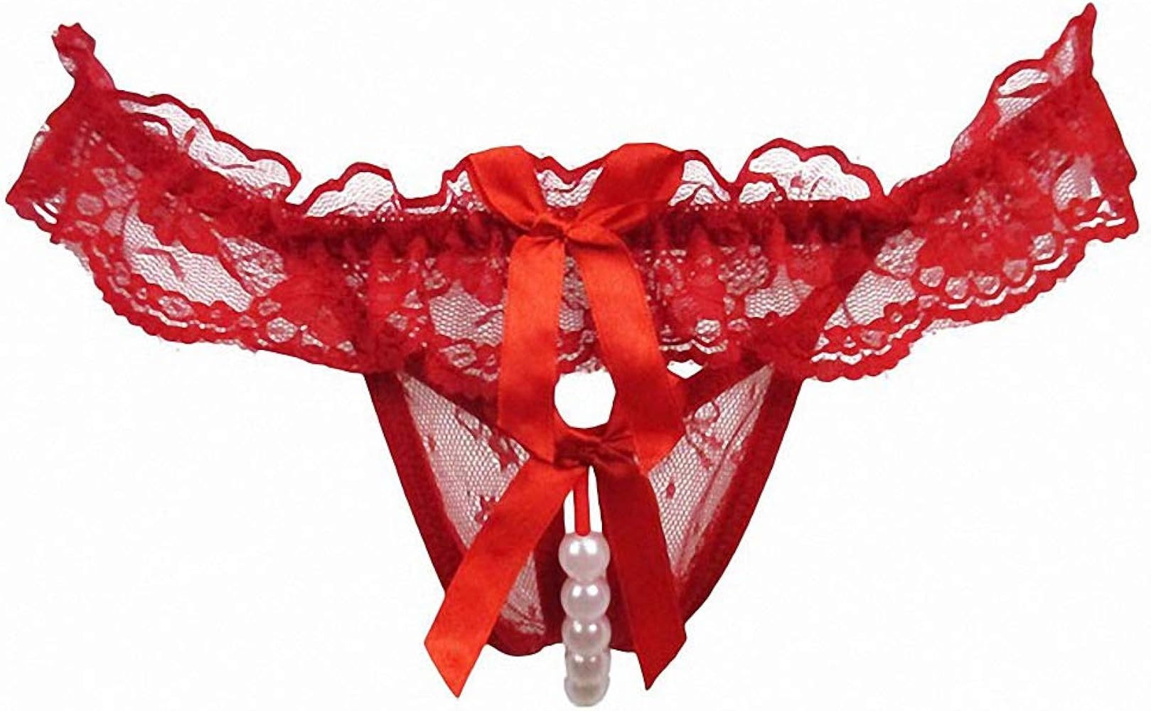 Women Pearl Lace Bowknot Beads Lace Panties Erotic Thong Lingerie Underwear