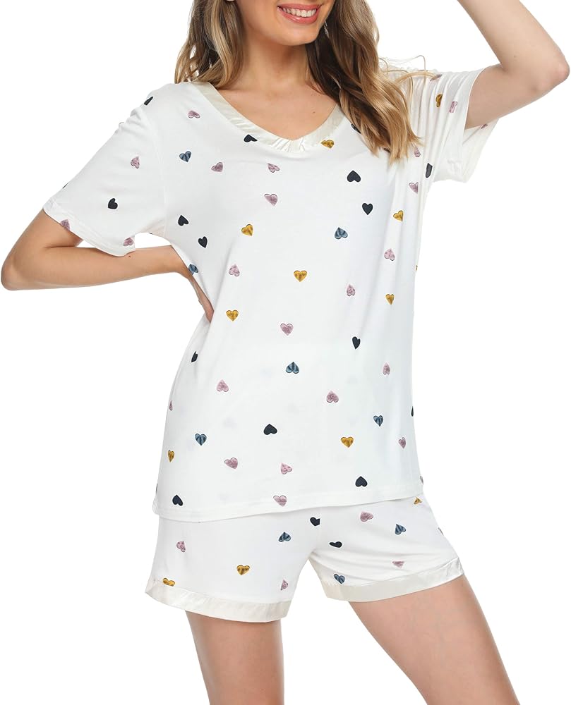 Invug Women Nightwear Short Sleeve Shirt and Shorts Pajama Set V Neck Sleepwear