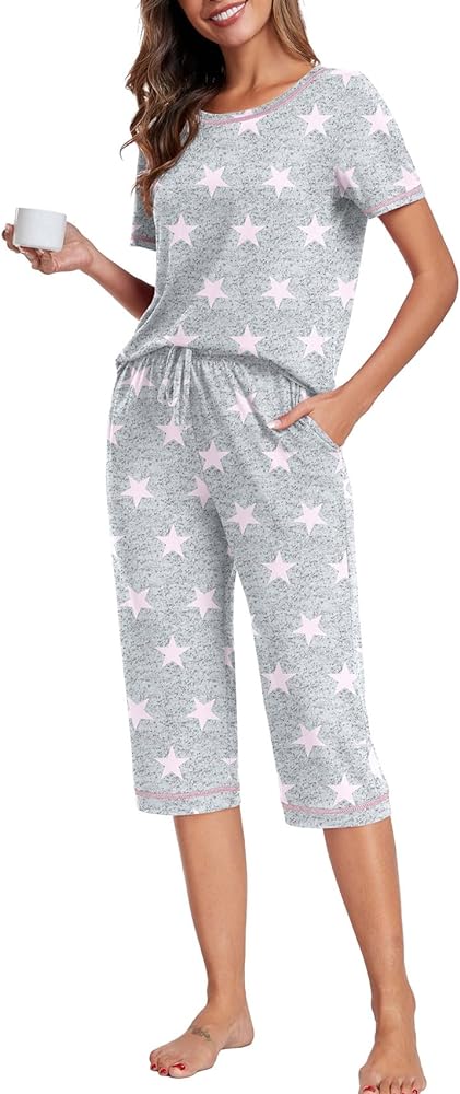 PrinStory Womens Pajama Sets Capri Pajamas for Women Set Soft Pjs Set Sleepwear with Pockets