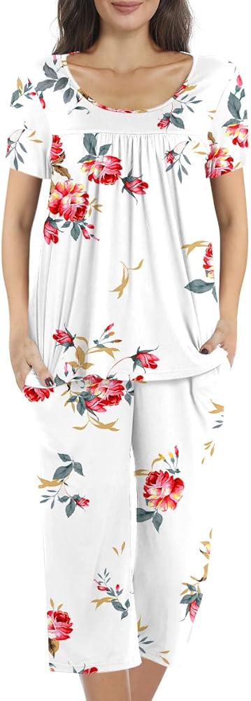 POPYOUNG Womens Summer Casual 2 Piece Pajama Sets with Comfy Capri Pants and Pockets Lounge Sleepwear