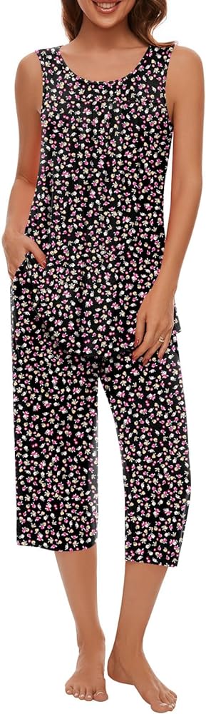 Pajamas Sets for Women Soft Sleeveless Pjs Tank Top and Capri Pants with Pocket Ladies Loungewear Sets