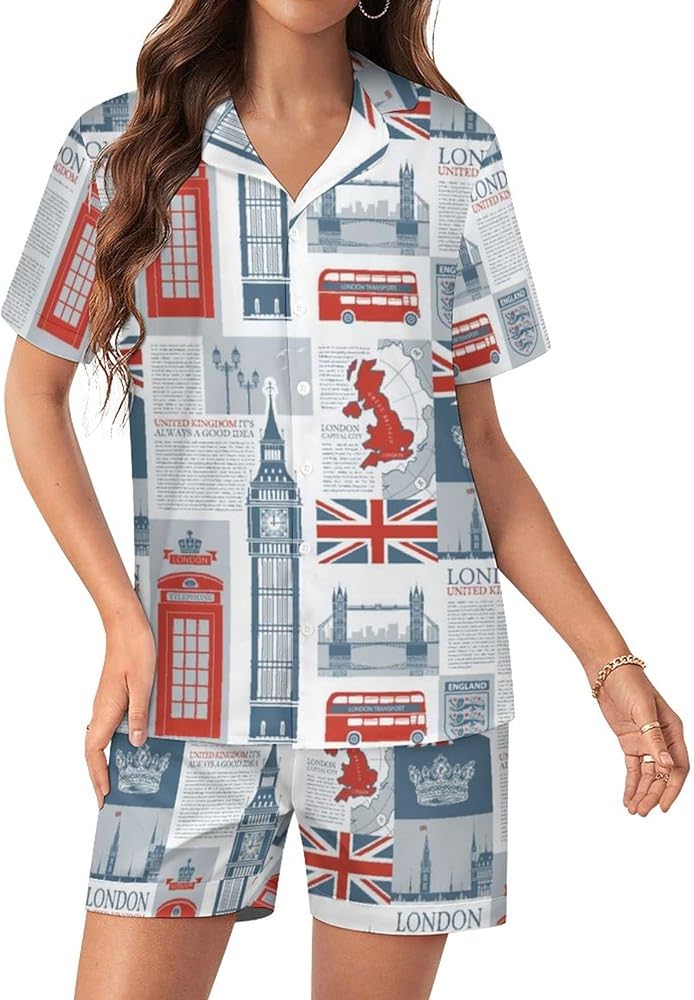 Theme of Uk And London British Flag Women's Silk Pajama Set Short Sleeve Sleepwear Loungewear Pj Set