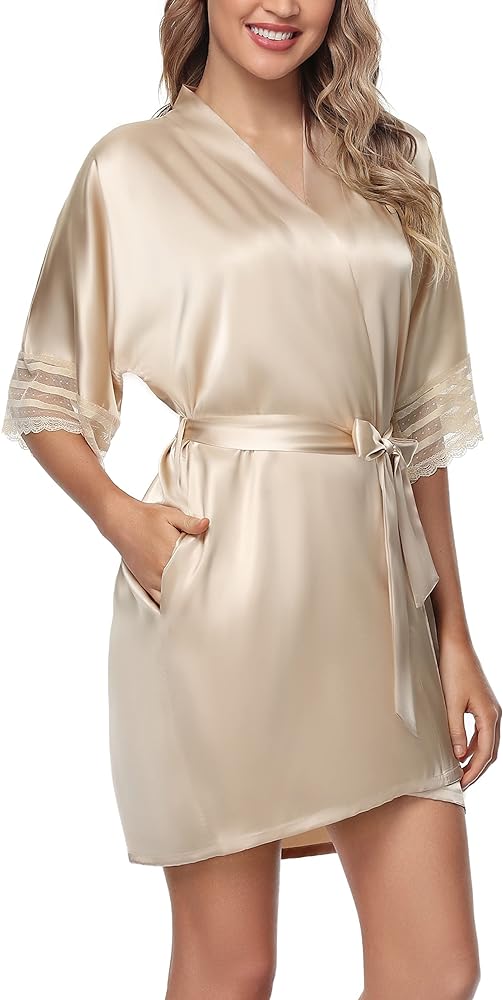 Women's Silk Robes for Bride Bridesmaid Short Satin Bathrobe Wedding Party Silky Loungewear