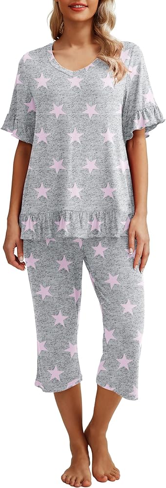 PrinStory Womens Pajama Set Short Sleeve Shirt and Capri Pants Sleepwear Pjs Set with Pockets