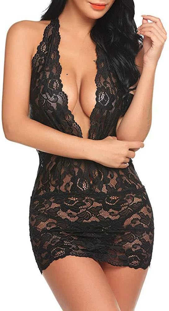 Plus Size Sexy Lace Lingerie Nightgown See Through Babydoll Mesh Nightdress Wife Outfits V Neck Chemise Backless Dress