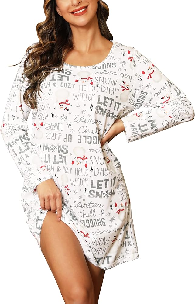 ENJOYNIGHT Women's Cotton Sleepwear Long Sleeves Nightgown Print Tee Sleep Dress