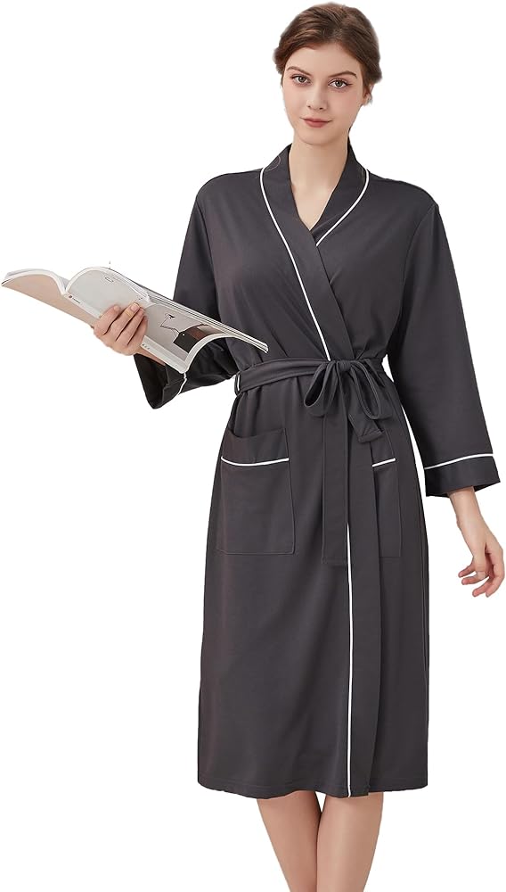 Womens Lightweight Robe, Knit Kimono Robe for Women Spa Cozy Sleepwear Knee Length Bathrobe with Pockets