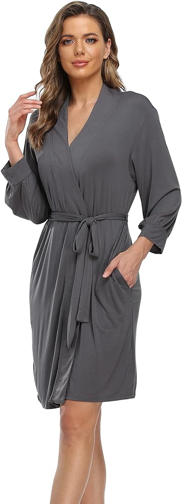 Womens Robes Lightweight Knit Bathrobe Sleepwear Short Kimono Robes Soft V-neck Ladies Loungewear S-XXL