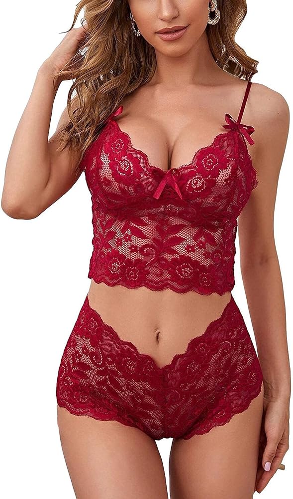 Sexy Sheer Floral Lace Pajamas Lingerie Set High Waist Sleepwear Bra and Panty 2 Piece Nightwear