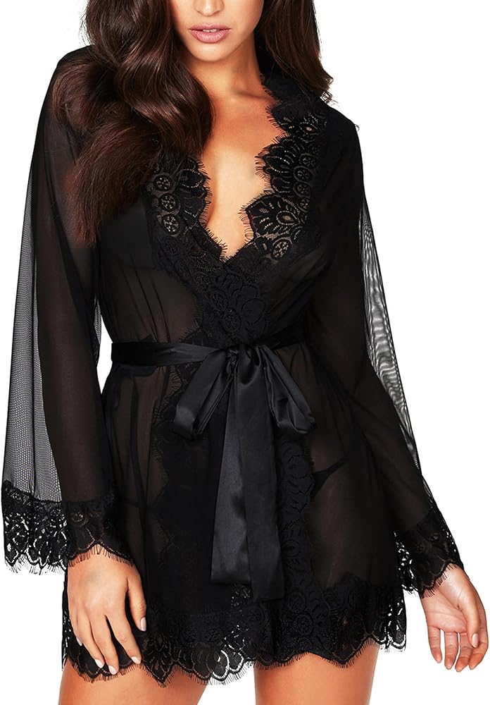 RSLOVE Women Lace Kimono Robe Sexy Babydoll Lingerie Mesh Cover Up Bridal Lingerie