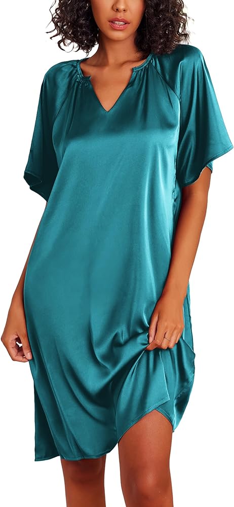 Ekouaer Women's Satin Nightgown Short Sleeve Silk Sleepshirt V Neck Sleepwear Boyfriend Loose Nightshirt