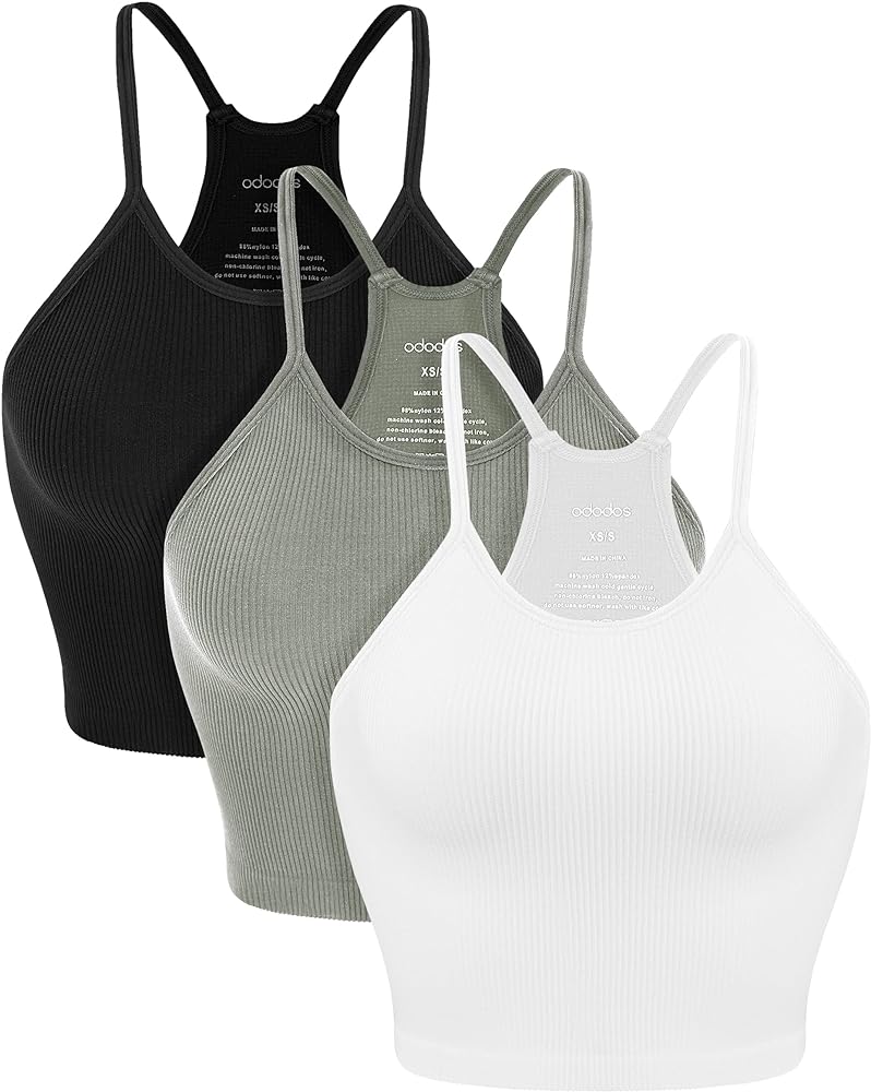 ODODOS Women's Crop 3-Pack Washed Seamless Rib-Knit Camisole Crop Tank Tops