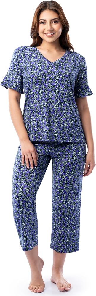 Fruit of the Loom Women's 360 Stretch Ruffle Sleeve V-neck Tee and Capri Sleep Pajama Set