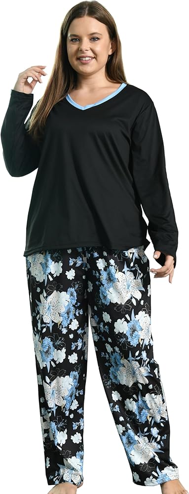 Vozanet Women Plus Size Pajama Sets Sexy V Neck Long Sleeve Long Pants Sleepwear Elegant Floral Pattern Jammies Size XL to 5X