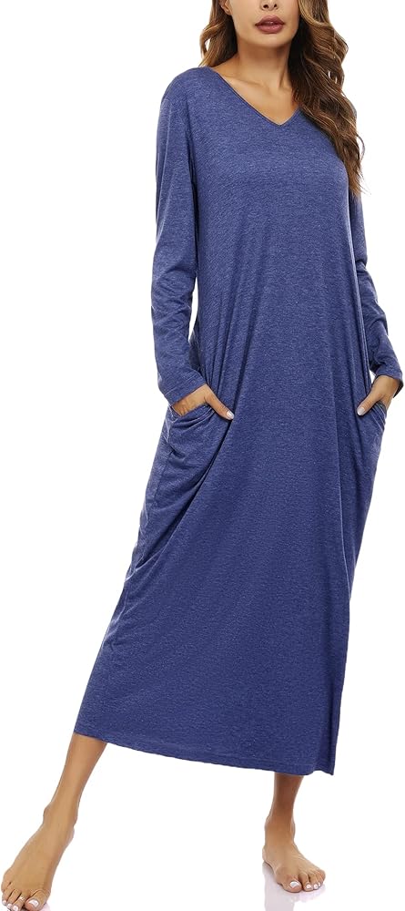 Marvmys Women Cotton Long Nightgowns Long Sleeves Nightshirts V Neck Full Length Sleep Shirts with Pocket