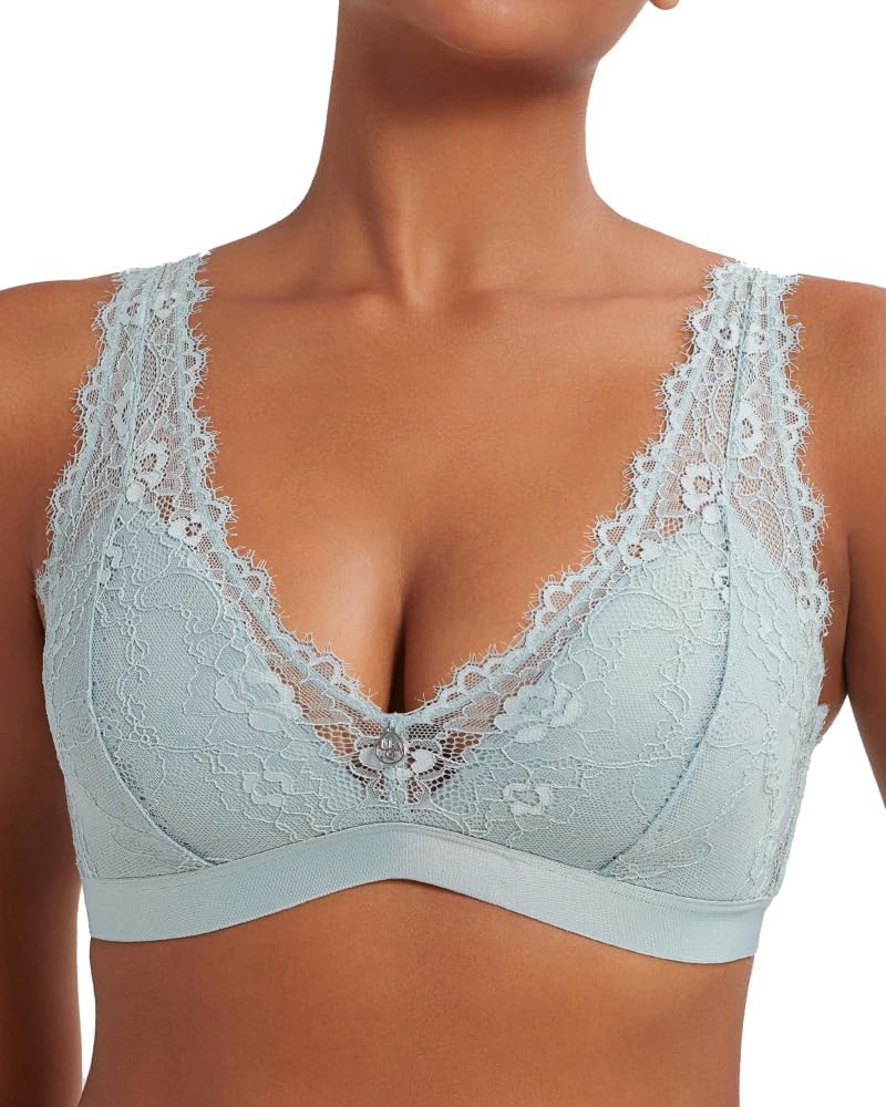 Wireless Lace Bralette, Sexy Lace Bra with Deep V Neck, Everyday Comfort Padded Bra for Women No Underwire