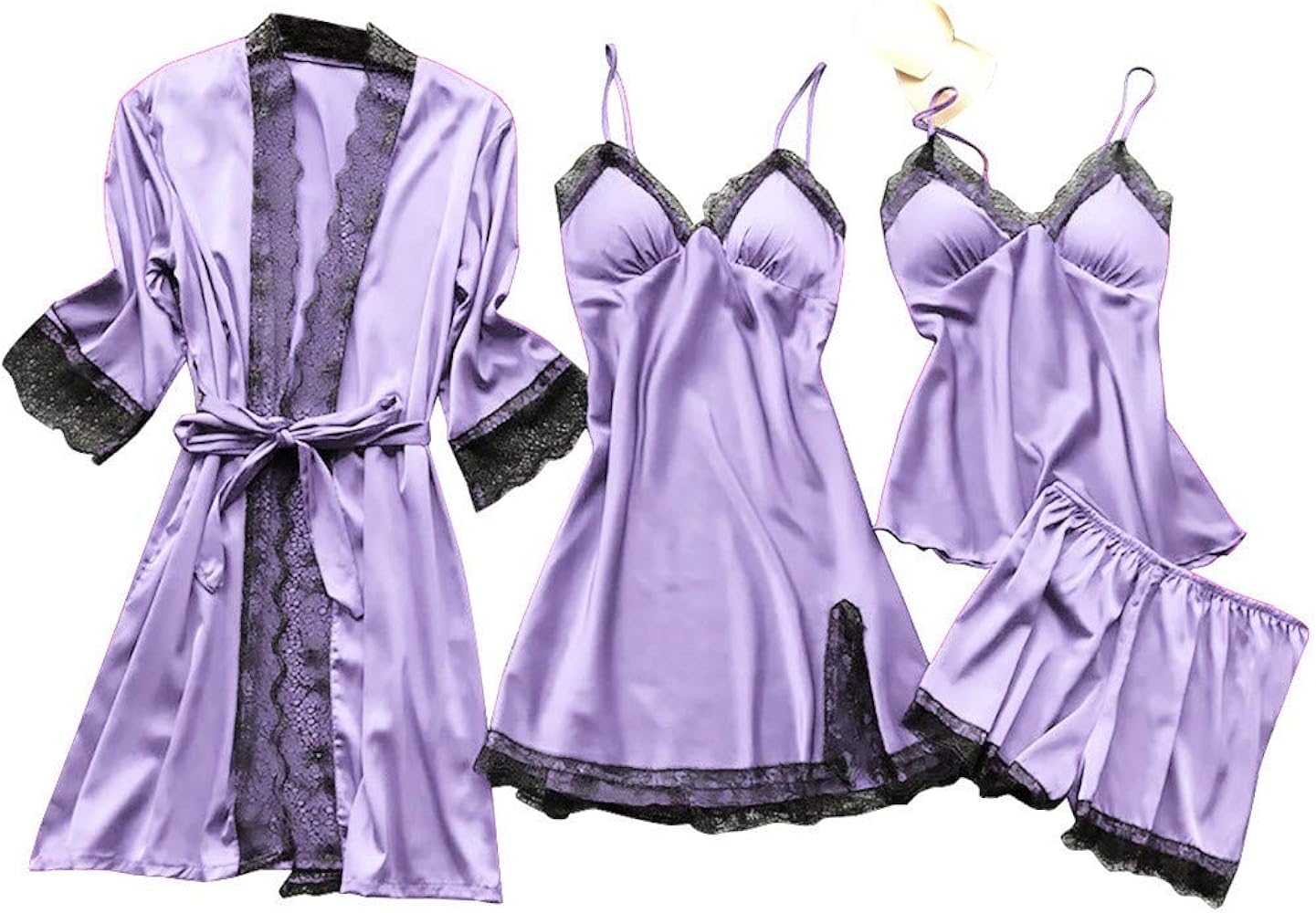 March Sale Big Spring Sale Womens 4PCS Silk Pajama Set Sexy Matching Satin Night Gowns Cute Lingerie Nighty Dress Silky Sleepwear Shorts S-5XL Lightning Deals of Today Prime Purple