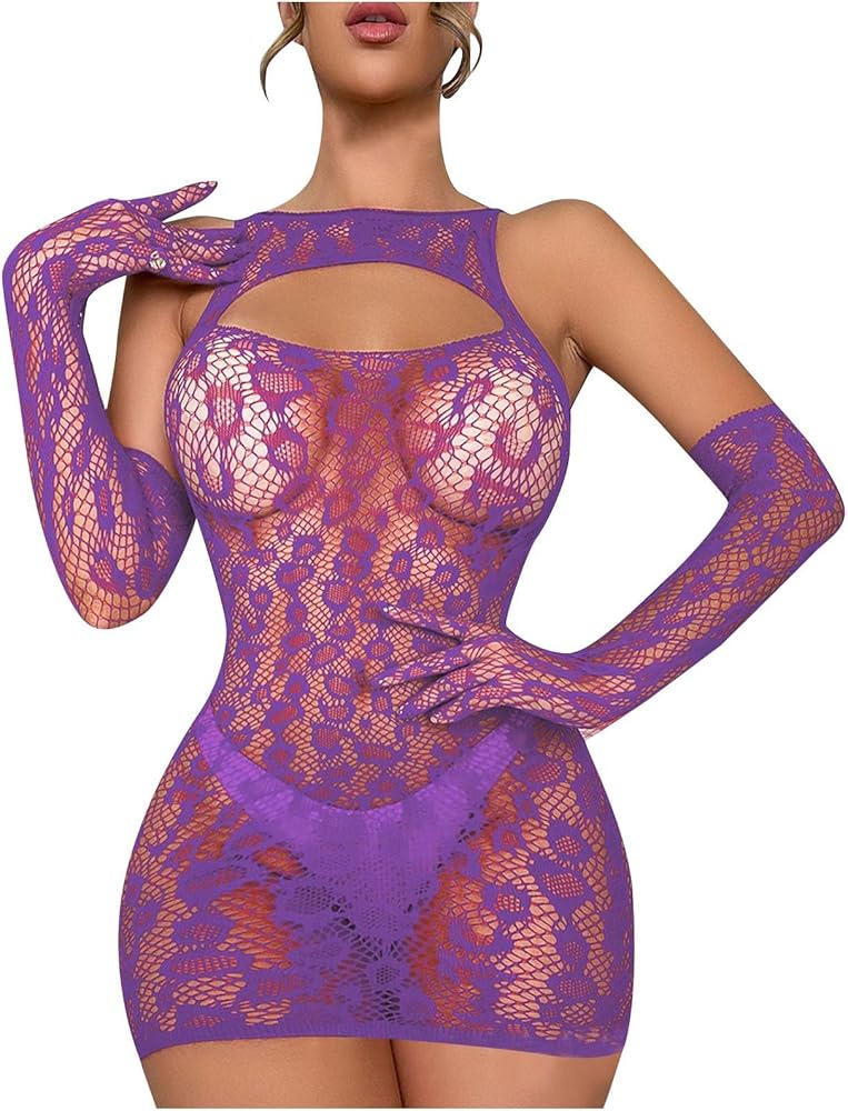 Oplxuo Women Fishnet Lingerie Set with Gloves 2 Piece Mesh Babydoll Chemise Bodycon Dress Cutout Lace Bodystockings Bodysuit