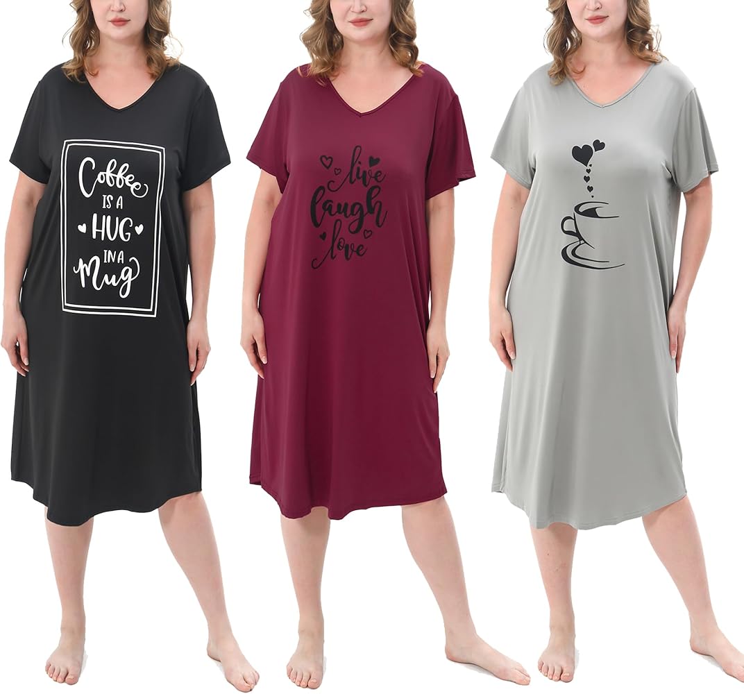 3 Pack Plus Size Women's Nightgown Soft Print Nightshirts for Women Short Sleeve Sleepwear