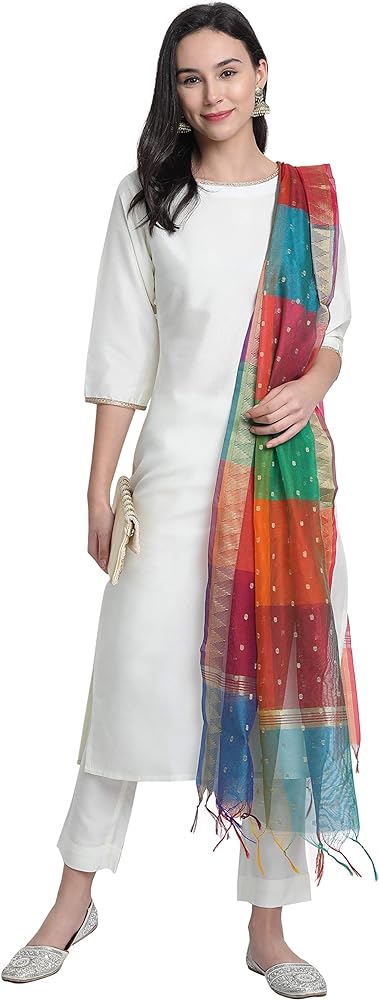 Janasya Indian Women's Beige Block Print Kurta with Palazzo and Dupatta