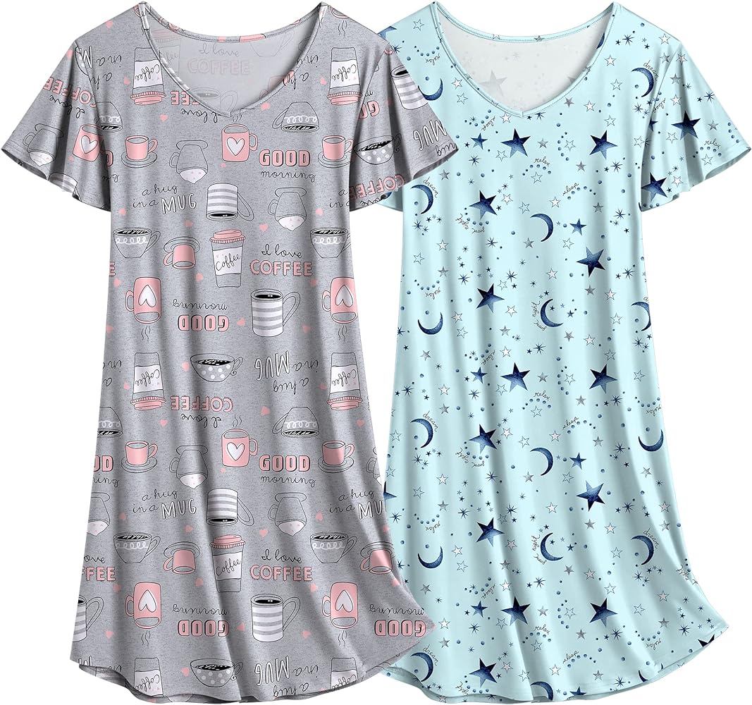 Ekouaer 2 Pack Nightgowns for Women Flare Short Sleeve Sleepshirt V Neck Sleepwear Pajama Dress S-2XL