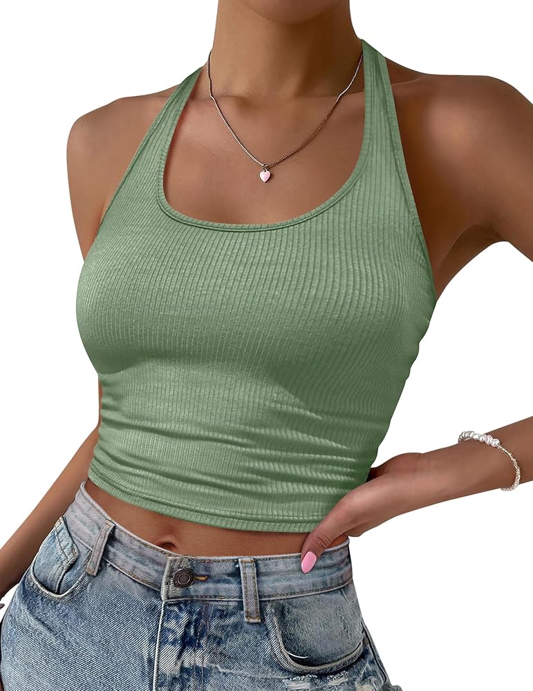 Ekouaer Women Halter Top Backless Scroop Neck Slim Stretchy Ribbed Knit Camisole Crop Tops S-XXL