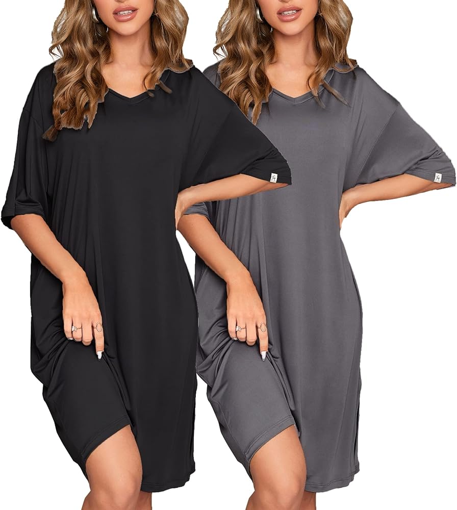 ft FENTENG 2-Pack Women's Nightgowns Short Sleeve Nightshirt V Neck Soft Sleepwear Casual Sleepshirts Loose Pajama Dress