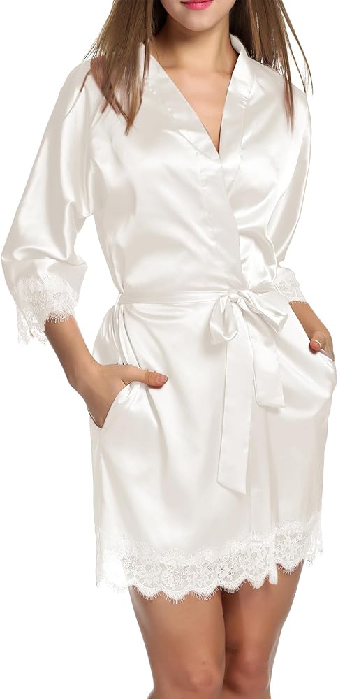 HOTOUCH Silk Robes for Women Short Lace Trim Satin Bride Robe 3/4 Sleeve Sexy Kimono Robe Sleepwear with Pockets