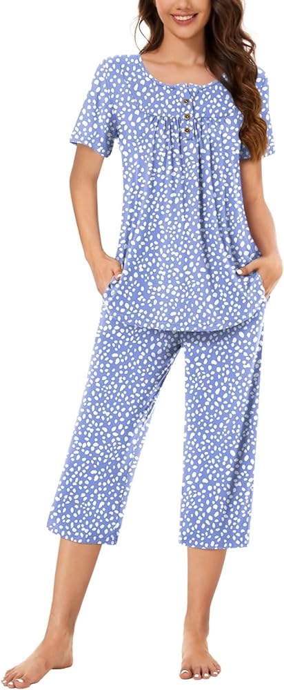 Bestbee Womens Pajama Set, 2 Piece Y2K Summer Sleepwear Henley Neck Short Sleeve Capri Pant With Pockets Ladies Pjs Set