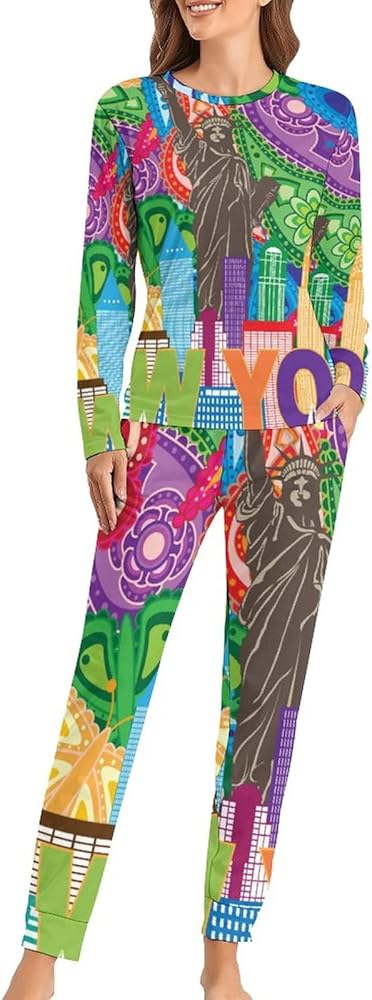 New York City Skyline Women's Pajama Sets Two Piece Long Sleeve Lounge Sleepwear with Pockets