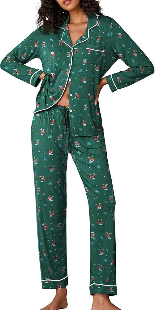 Ekouaer Pajamas Women's Long Sleeve Sleepwear Soft Button Down Loungewear Pjs Lounge Set Nightwear XS-XXL