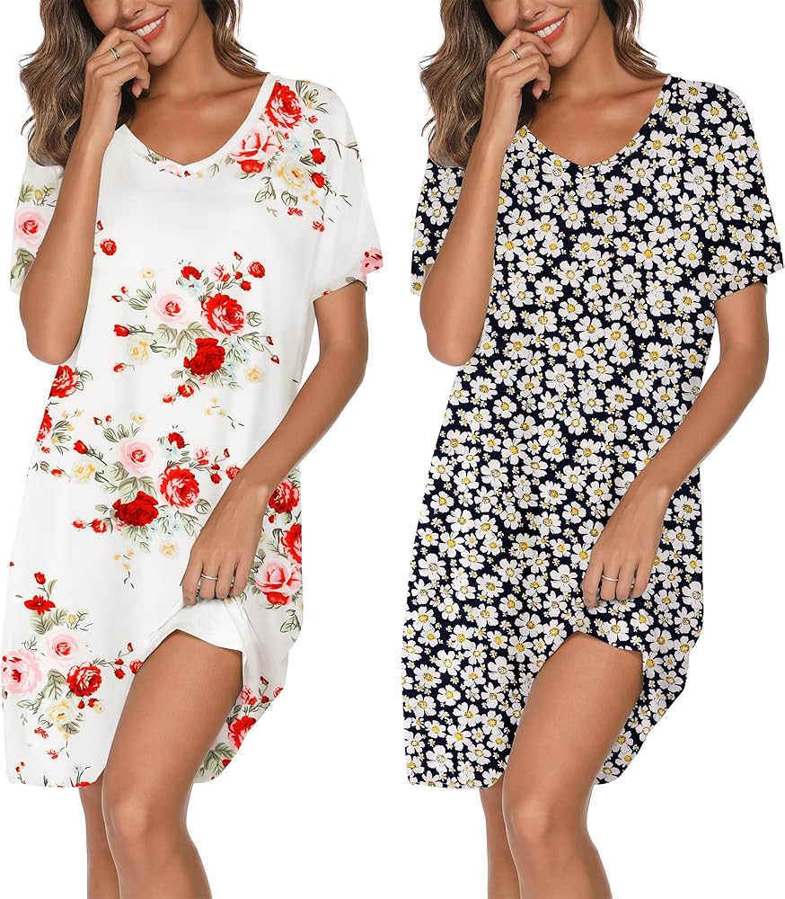 2 Pack Nightgowns for Women Cotton Sleep Shirts Short Sleeve Nightshirts