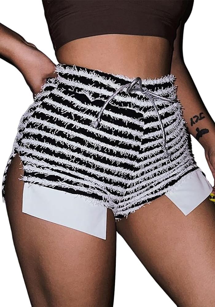 DINGANG Women's Lounge Shorts Zebra Black and White Striped Elastic Waist Fleece Y2K Shorts