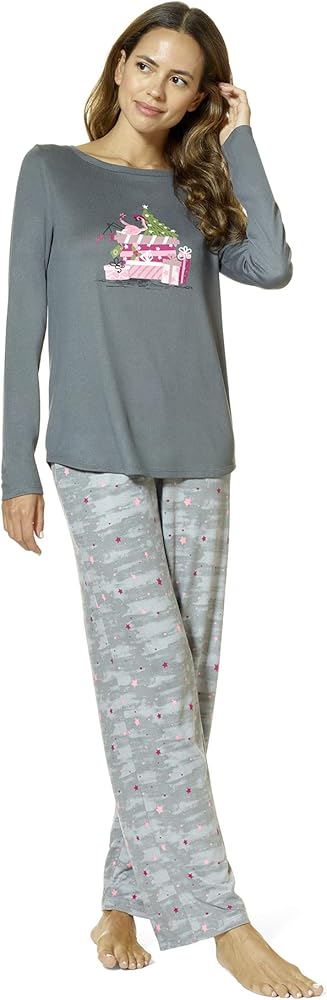 HUE Women’s Brushed Loose Knit Holiday & Winter 2 Piece Pajama Gift Set – Includes Soft PJ Top & Printed PJ Pant