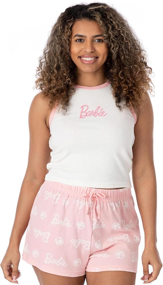 Barbie Ladies Pyjama Set | Womens Ribbed White Vest & Pink All Over Print Elasticated Shorts | Fashion Doll Graphic Sleepwear