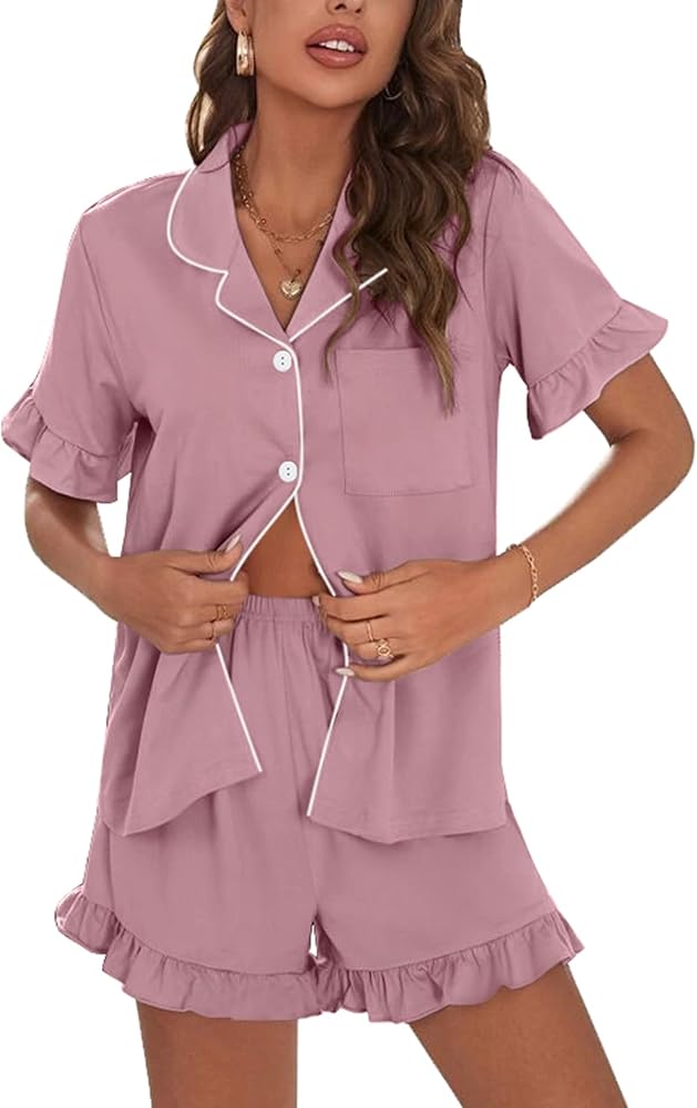 SWOMOG Women Button Down Pajama Set Short Sleeve Pjs 2 Piece Lounge Set Casual Soft Loungewear