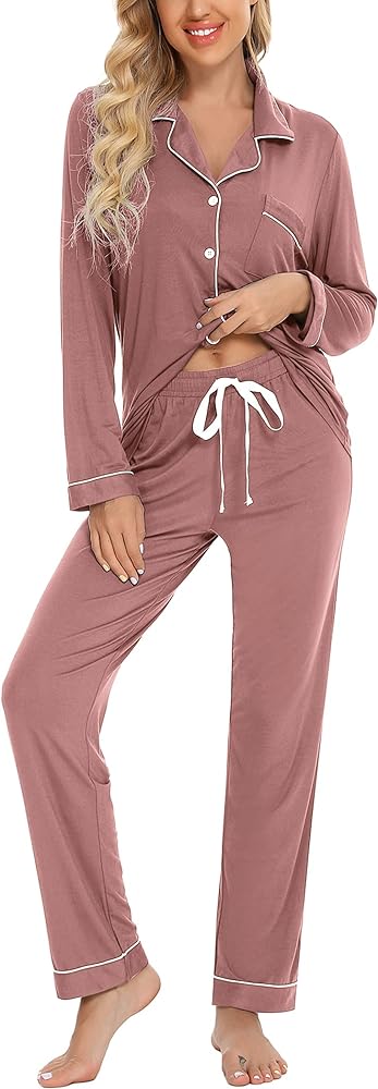 Leikar Button Up Pajama Set For Women Long Sleeve Shirt And Pajama Pants Soft Pjs Lounge Sets