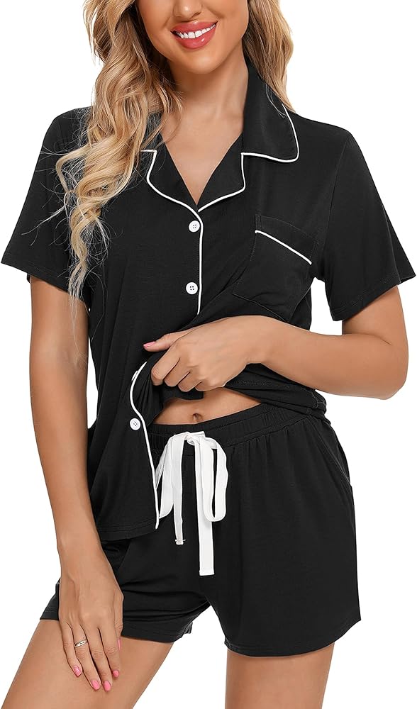 Womens Pajama Sets Soft Button Down Sleepwear Short Sleeve Pjs Set Lounge Set S-XXL