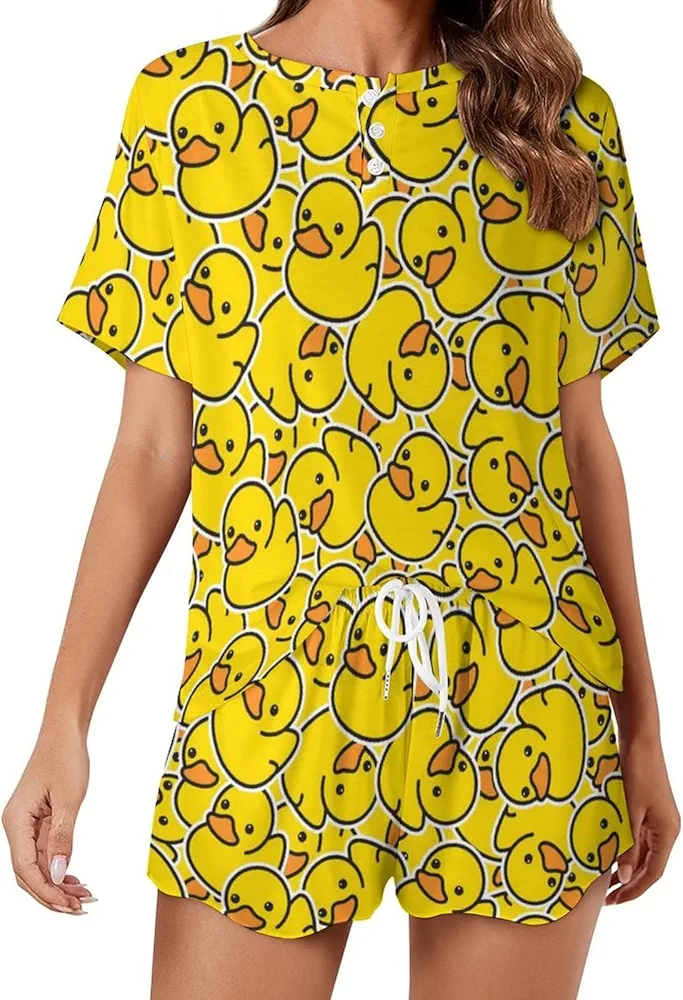 Yellow Rubber Ducky Pattern Women Pajamas 2 Piece PJ Sets Shorts and Top Sleepwear Loungewear with Pocket